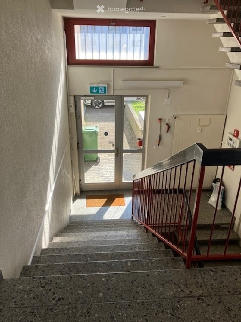 Stairs leading to the entrance, red railing, glass door, window, trash bin, mat
