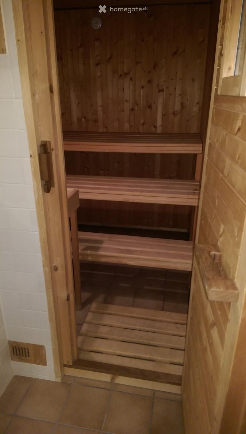 Wooden sauna with multiple wooden benches and a door leading into the room.