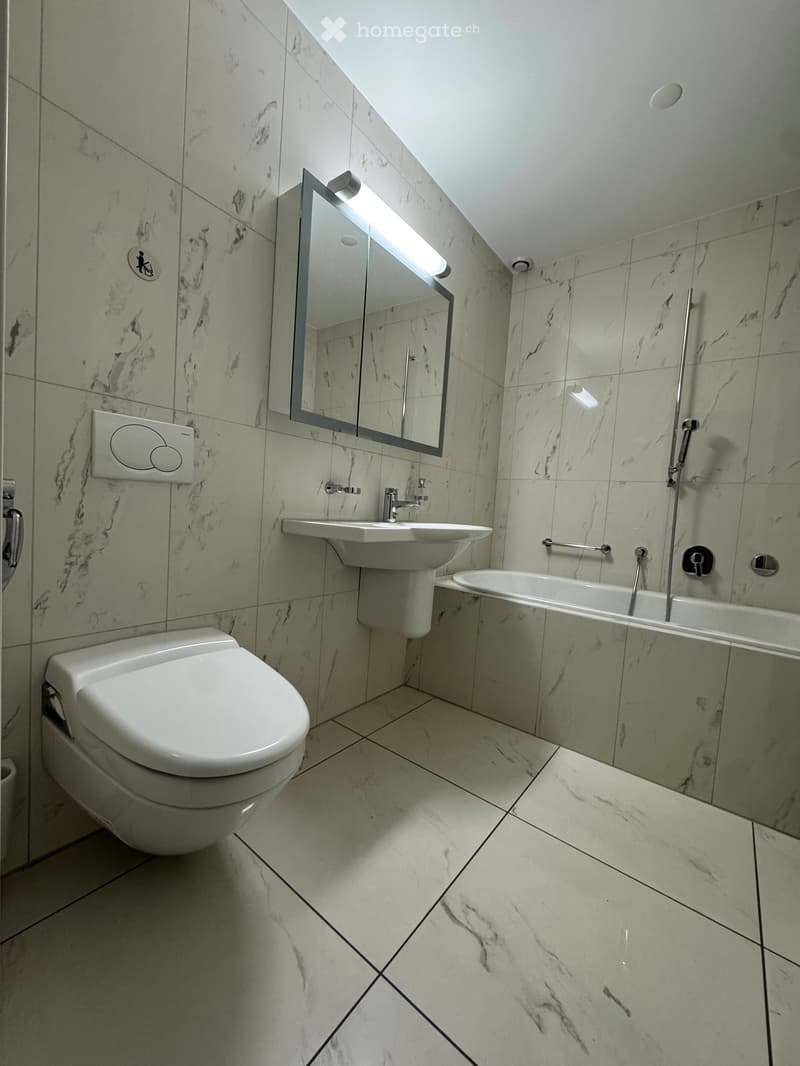 Modern bathroom with marble tiles, a toilet, a sink with a mirror, and a bathtub with a handheld shower.