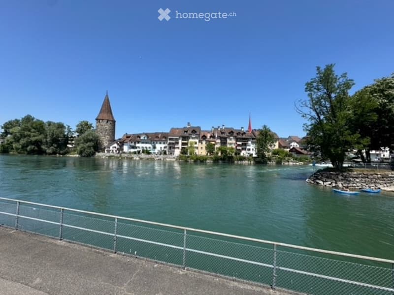 Scenic riverside view with historic buildings, a tower, and a small boat on calm water.