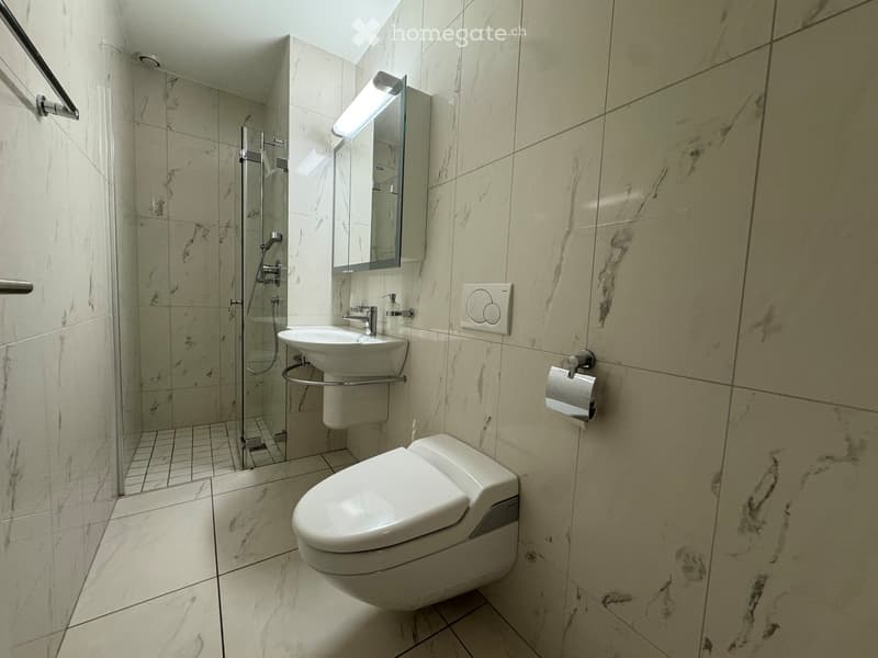 Modern bathroom with marble tiles, a toilet, a sink with a mirror, and a glass-enclosed shower area.