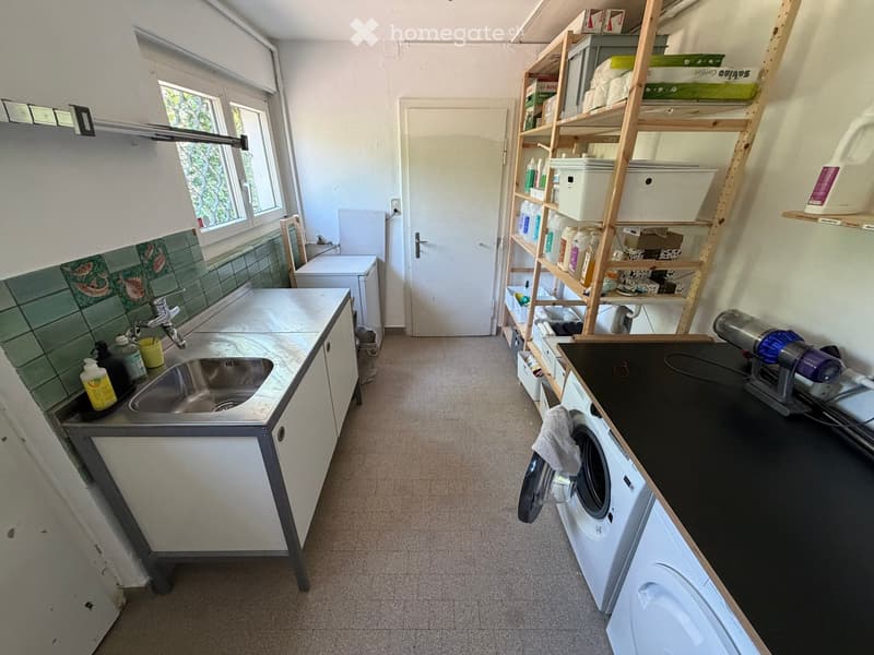 Bathroom with a sink, faucet, washing machine, shelves, and a door leading to another room.