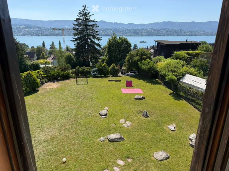 Lush green garden with scattered rocks, a yoga mat, a small table, and a view of a lake and distant mountains.
