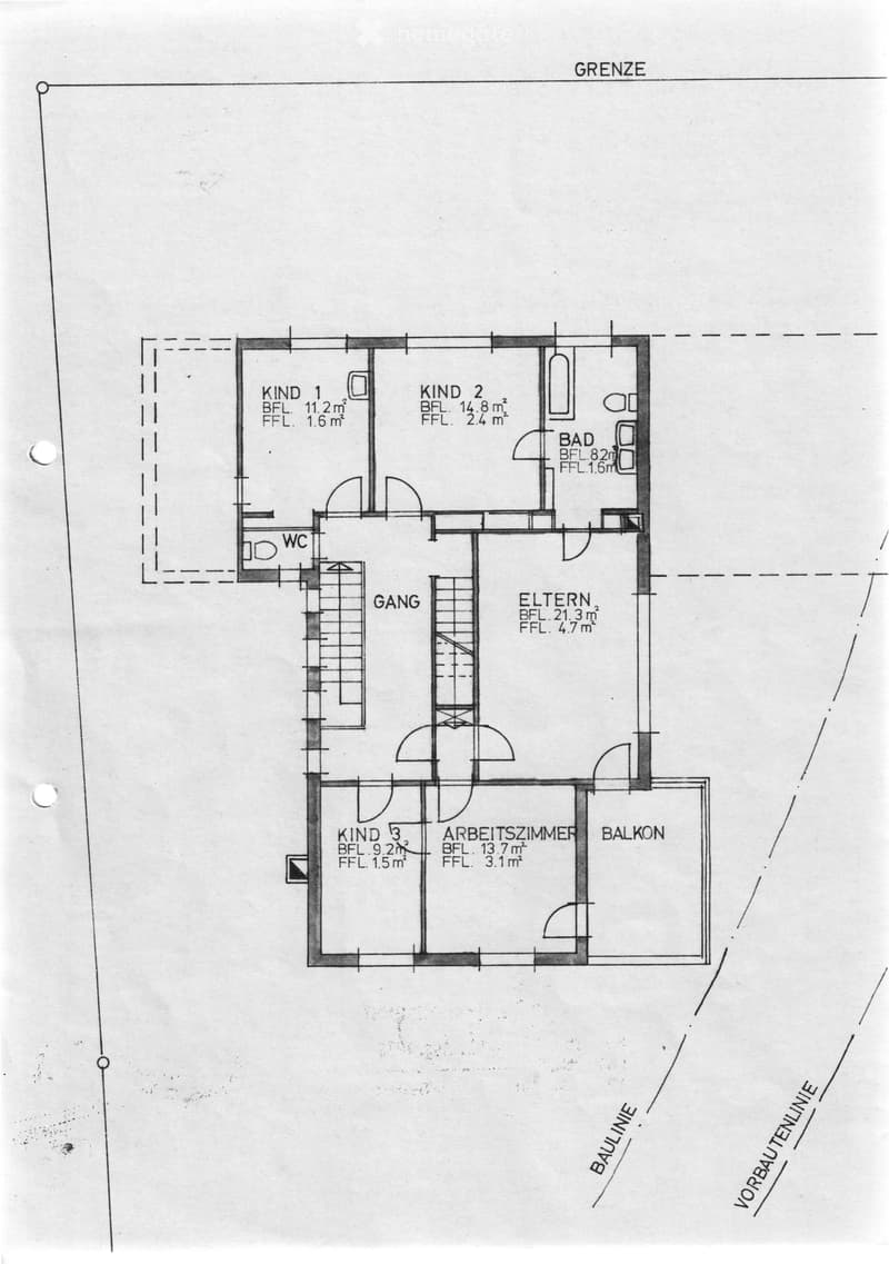Floor plan showing three bedrooms, a bathroom, hallway, parents' room, study, and balcony.