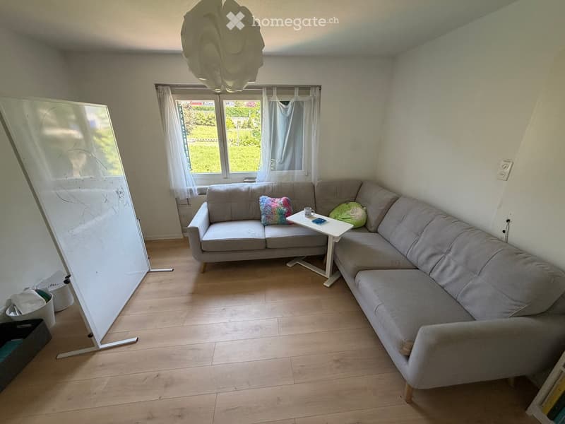 Living room with a grey sectional sofa, a small white coffee table, a cup, a colorful pillow, and a whiteboard on the left side.