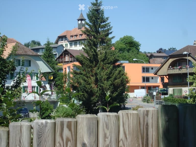 A view of a small town with a mix of residential and commercial buildings, including a prominent clock tower, surrounded by trees and greenery.