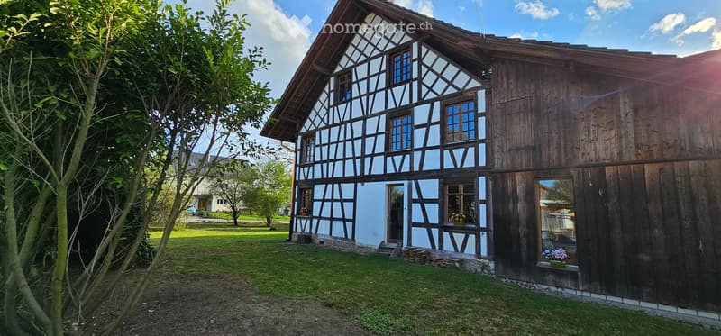 Traditional half-timbered house with light blue walls and dark wooden beams, surrounded by a grassy yard and trees.