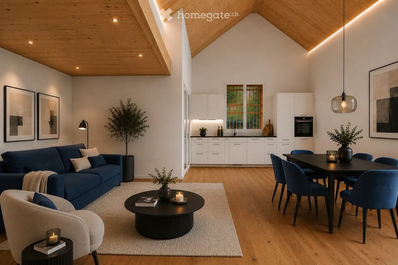 Open-plan living and dining area with a blue sofa, armchair, coffee table, dining table with chairs, kitchen area with cabinets and oven, and decorative elements like framed pictures, plants, and candles.