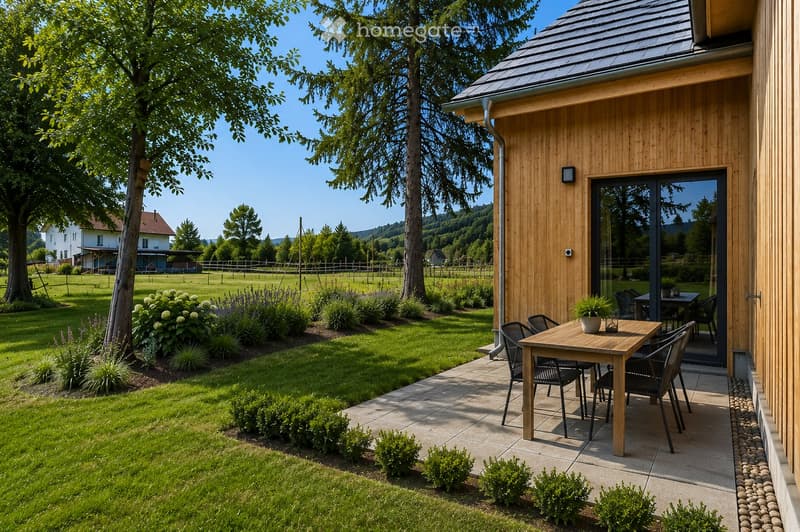 A well-maintained garden with a wooden table and chairs on a patio, surrounded by green grass, shrubs, and trees, with a modern wooden house in the background.
