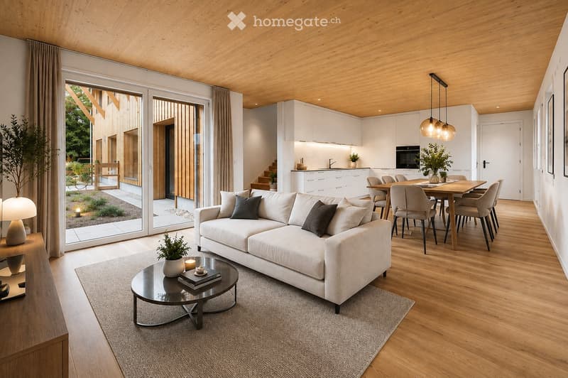Open-plan living and dining area with a white sofa, coffee table, dining table with chairs, modern kitchen, pendant lights, and large windows leading to a garden.
