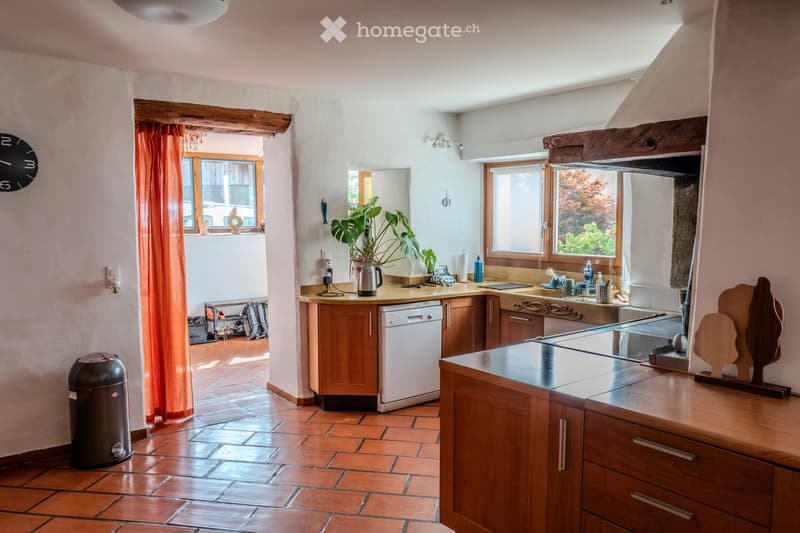 Bright kitchen with wooden cabinets, a dishwasher, sink, countertop, and various kitchen items. Features a potted plant on the counter and a trash bin near the entrance.