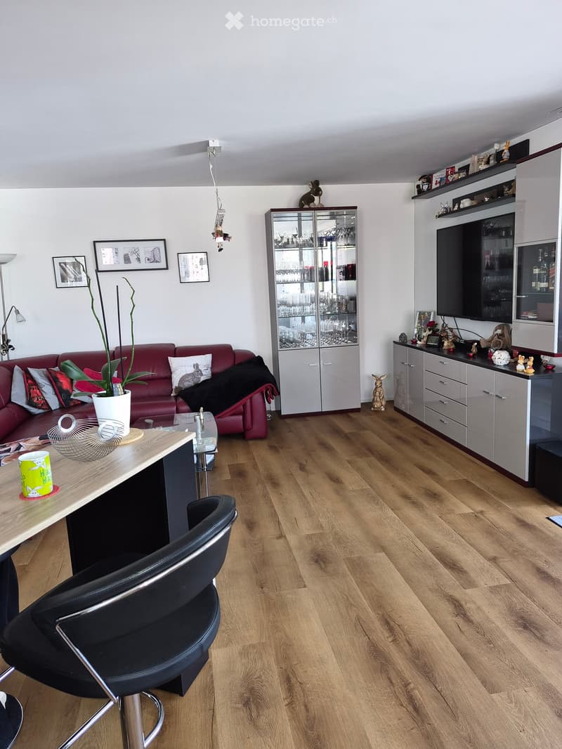 Modern living room with wooden flooring, red sofa, glass cabinet, shelves, and a small table with a chair.