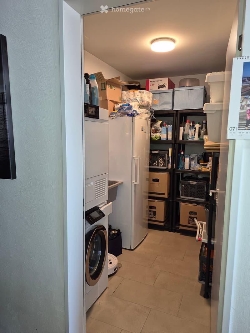 Laundry area with a washing machine, refrigerator, shelves, and boxes.