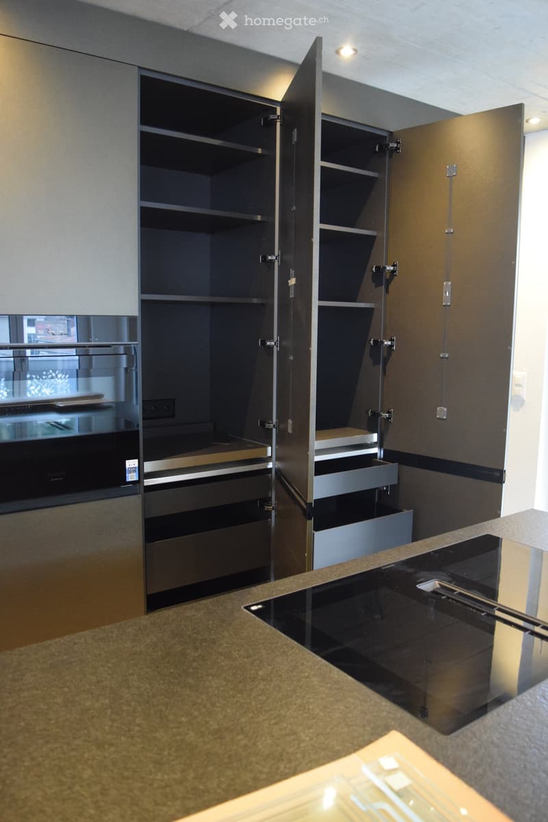 modern kitchen with stove and oven, large pantry with shelves and drawers, black countertop