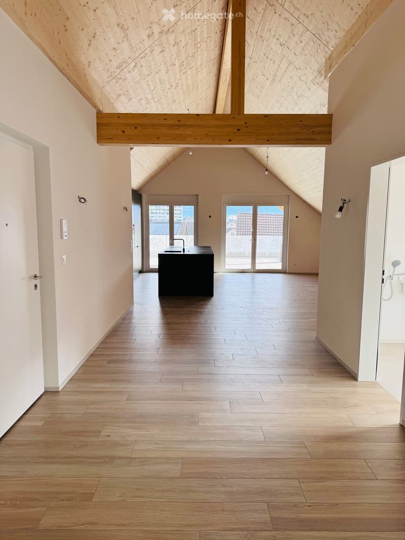high ceiling, wooden floor, open plan kitchen, glass doors