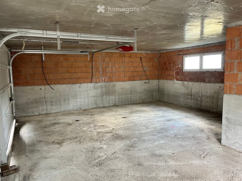 Empty garage with concrete floor, exposed brick walls, and a metal overhead door. Natural light enters through two small windows.