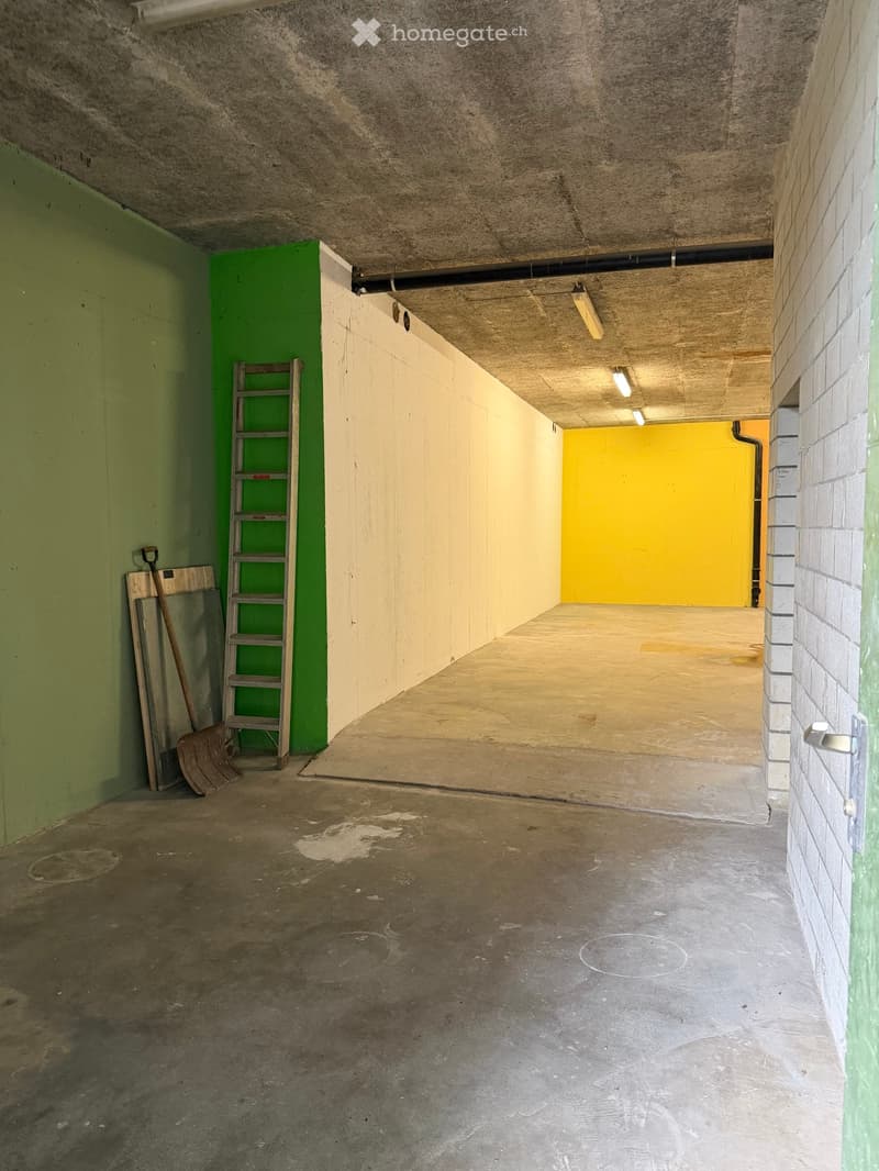 Empty underground corridor with concrete floor, green and yellow painted walls, and a ladder leaning against the wall.