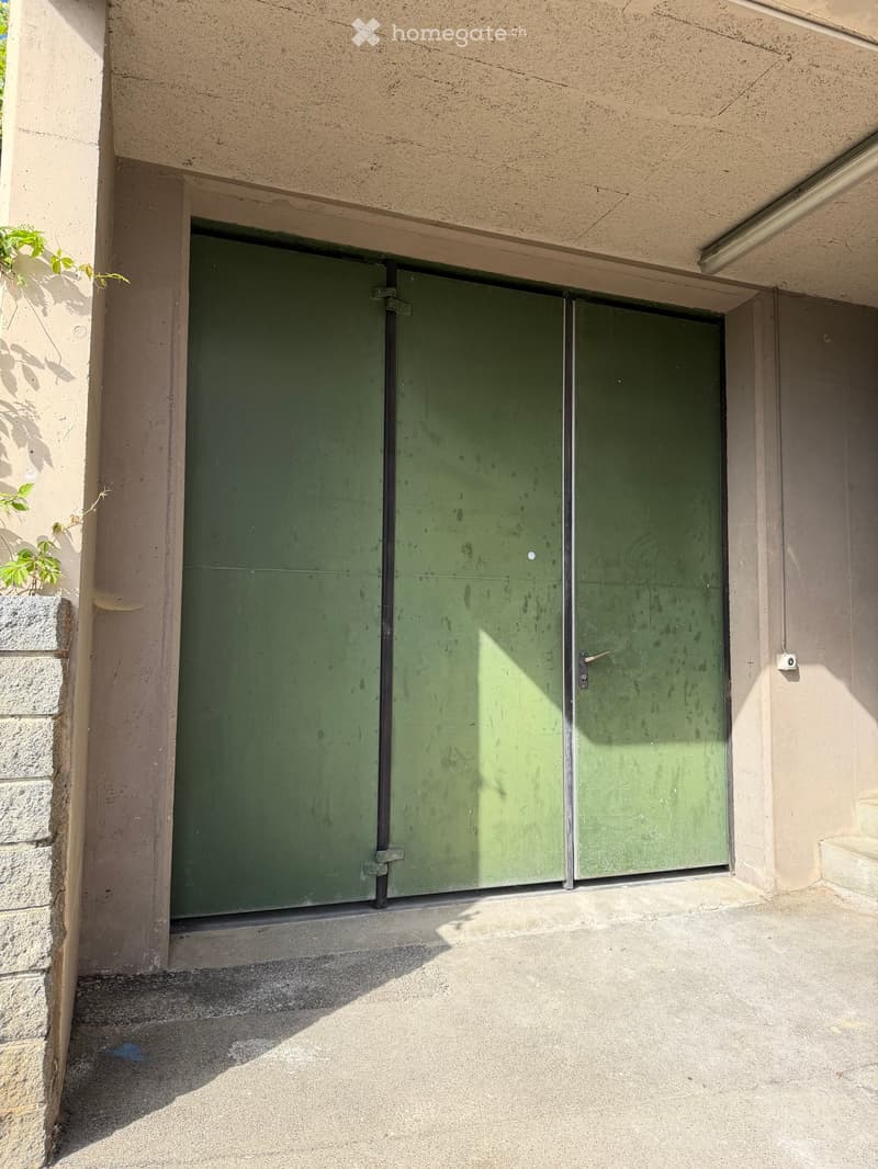 Green garage door with metal frame, attached to a beige building with stone accents and a small plant on the left side.