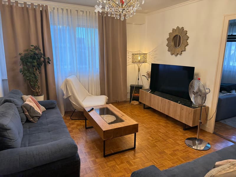 Modern living room with hardwood flooring, a blue sofa, a glass coffee table, a wooden TV stand, a floor lamp, a fireplace, and a decorative mirror on the wall.