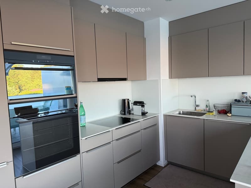 Modern kitchen with grey cabinets, stainless steel appliances, and a large window overlooking a green area.