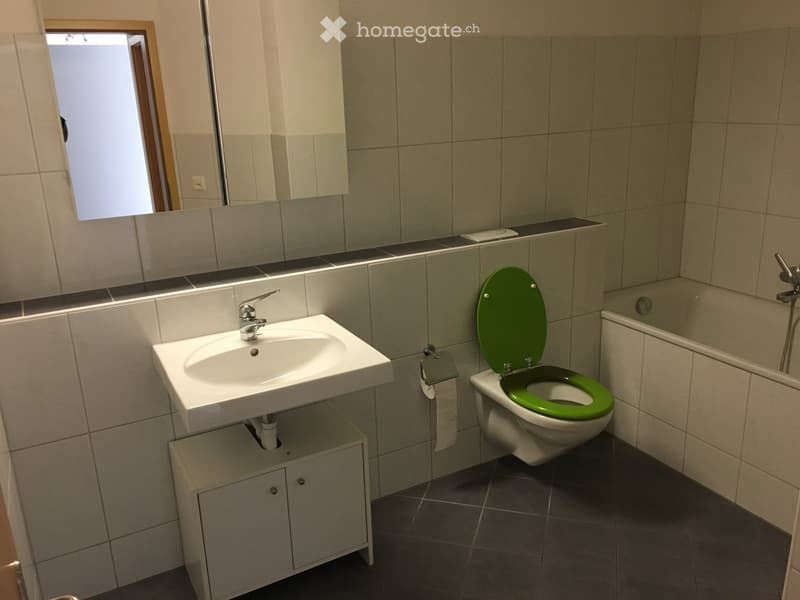 Modern bathroom with a white sink, green toilet seat, and a bathtub. The room features tiled walls and a small window providing natural light.