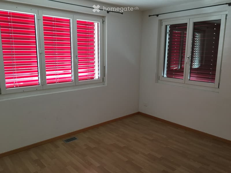 Empty room with wooden flooring, white walls, and large windows with red blinds.