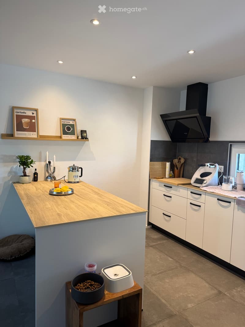 Modern kitchen with white cabinets, wooden island, microwave, blender, and pet food area.