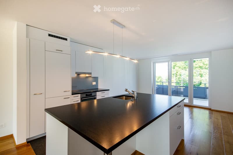 Modern kitchen with white cabinets, black countertop, stainless steel sink, and built-in oven. Large windows and sliding doors lead to a balcony.