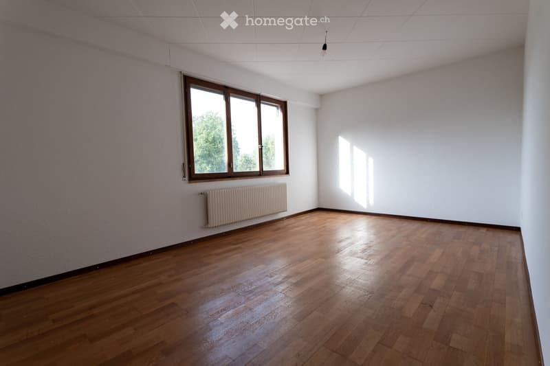 Empty room with wooden flooring, white walls, large window with wooden frame, radiator, and a single ceiling light fixture.