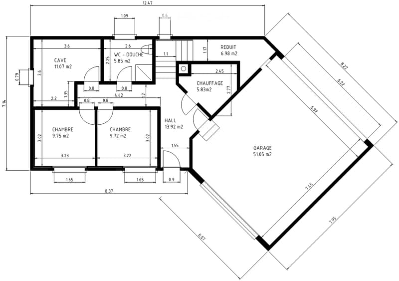 Floor plan showing a house layout with a cave, two bedrooms, a bathroom, a hallway, a heating room, a study, and a garage.