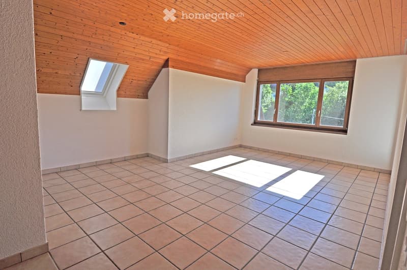 Empty room with wooden ceiling, tiled floor, and large windows allowing natural light. No furniture or equipment present.