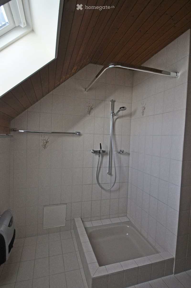 Modern bathroom with a bathtub, showerhead, and faucet. The walls and floor are tiled, and the ceiling has wooden paneling with a skylight.