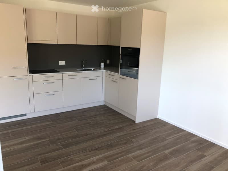 Modern kitchen with light-colored cabinets, dark countertops, and wooden flooring. Features a sink, faucet, and built-in oven.