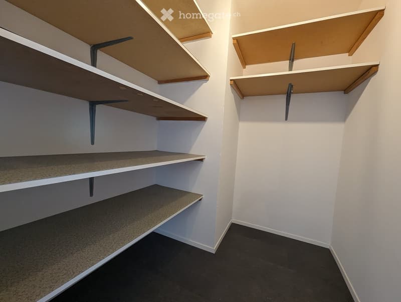 Empty closet with multiple wooden and metal shelves, white walls, and dark flooring.