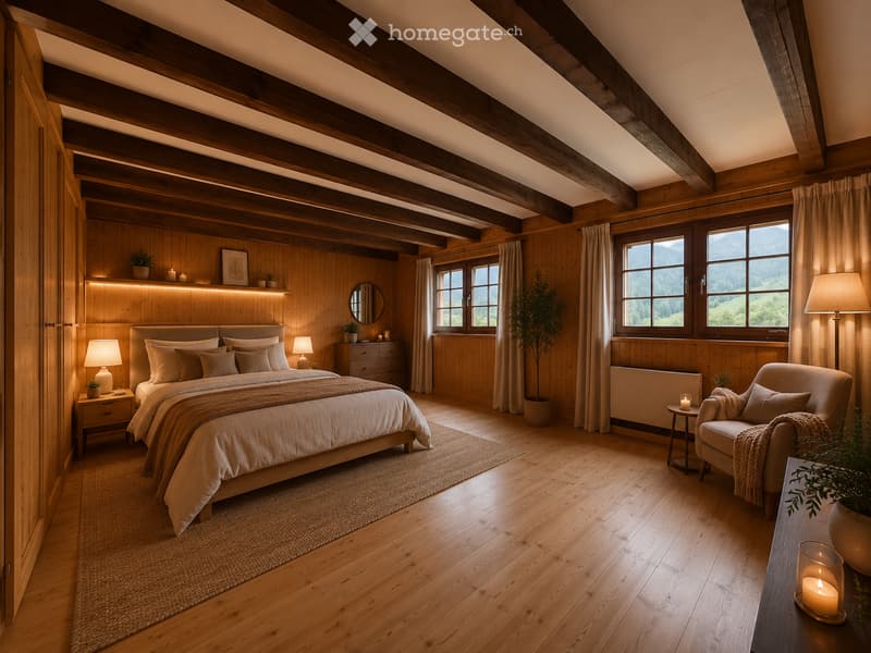 Cozy wooden bedroom with exposed beams, large windows, a bed with pillows and blankets, nightstands with lamps, a chair, a small table, and decorative plants.