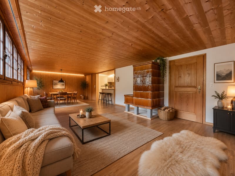 Cozy living room with wooden beams, a fireplace, a sofa, coffee table, side table, and a dining area visible in the background.