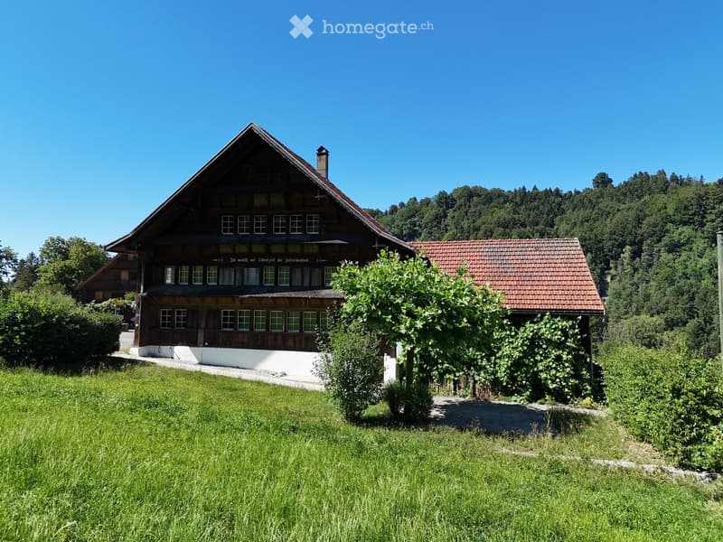 Traditional wooden house with a steeply pitched roof, surrounded by greenery and a small garden area.