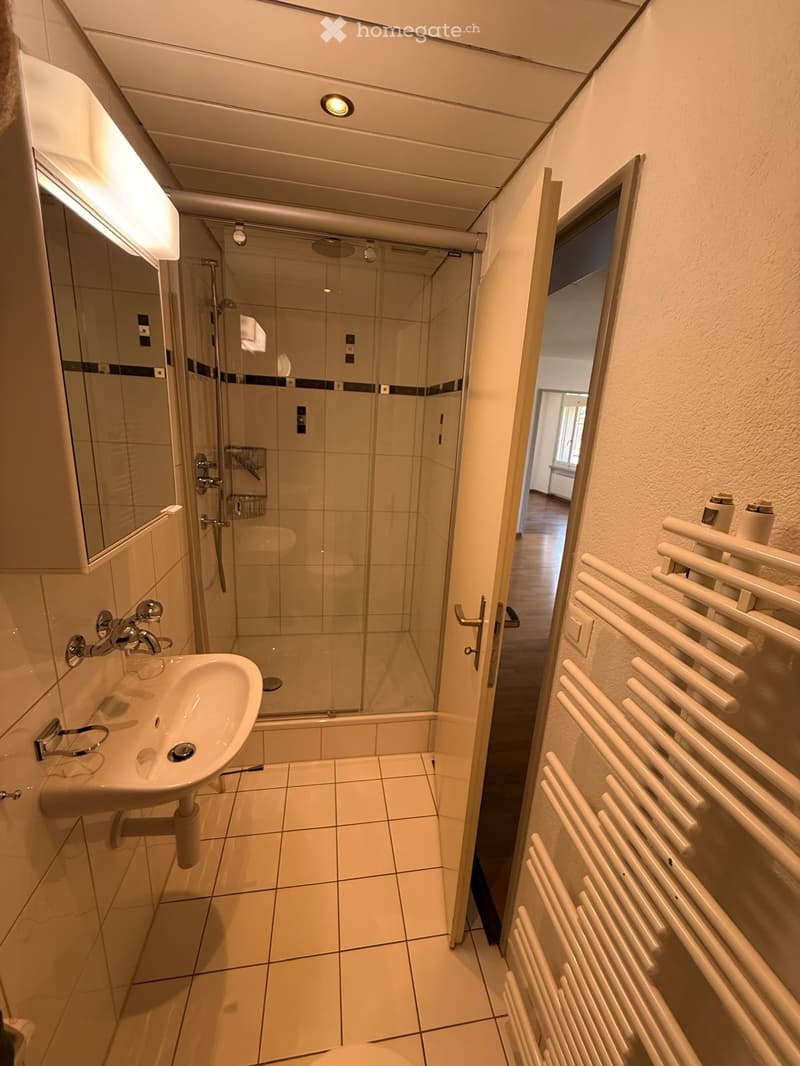 Modern bathroom with a white tiled floor, a sink with a chrome faucet, a glass-enclosed shower, a mirror cabinet, and a white radiator.
