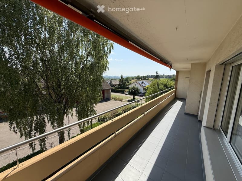 Balcony with tiled floor, metal railing, and view of a suburban area with trees and houses.