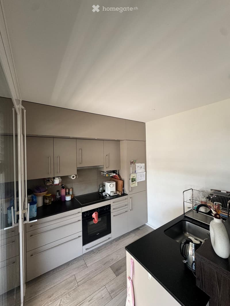 Modern kitchen with light grey cabinets, black countertops, and stainless steel appliances including an oven, sink, and coffee maker. Wooden flooring and a vase on the counter.