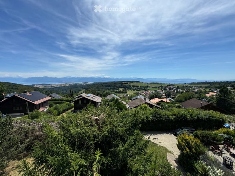 A panoramic view of a residential area with houses, trees, and a scenic landscape featuring mountains and a lake in the background.