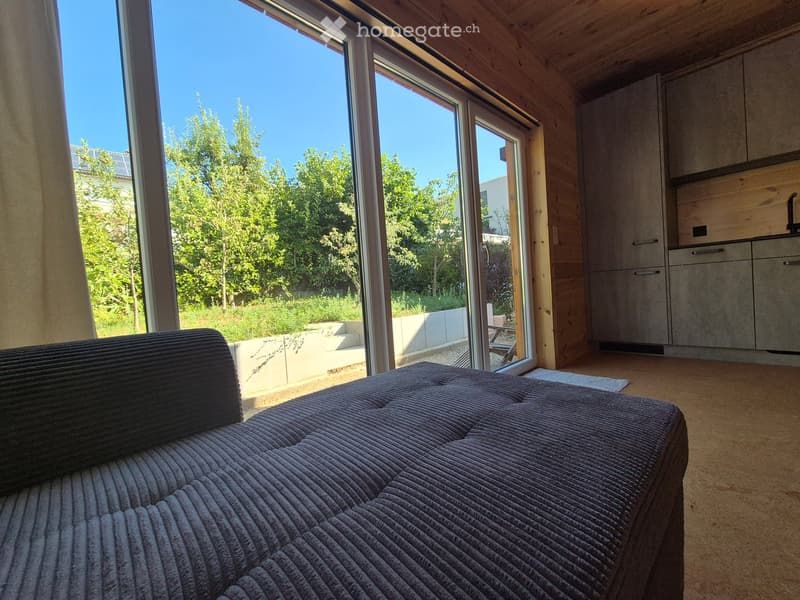 Modern living room with a grey sofa, large windows, and a small kitchen area with cabinets.