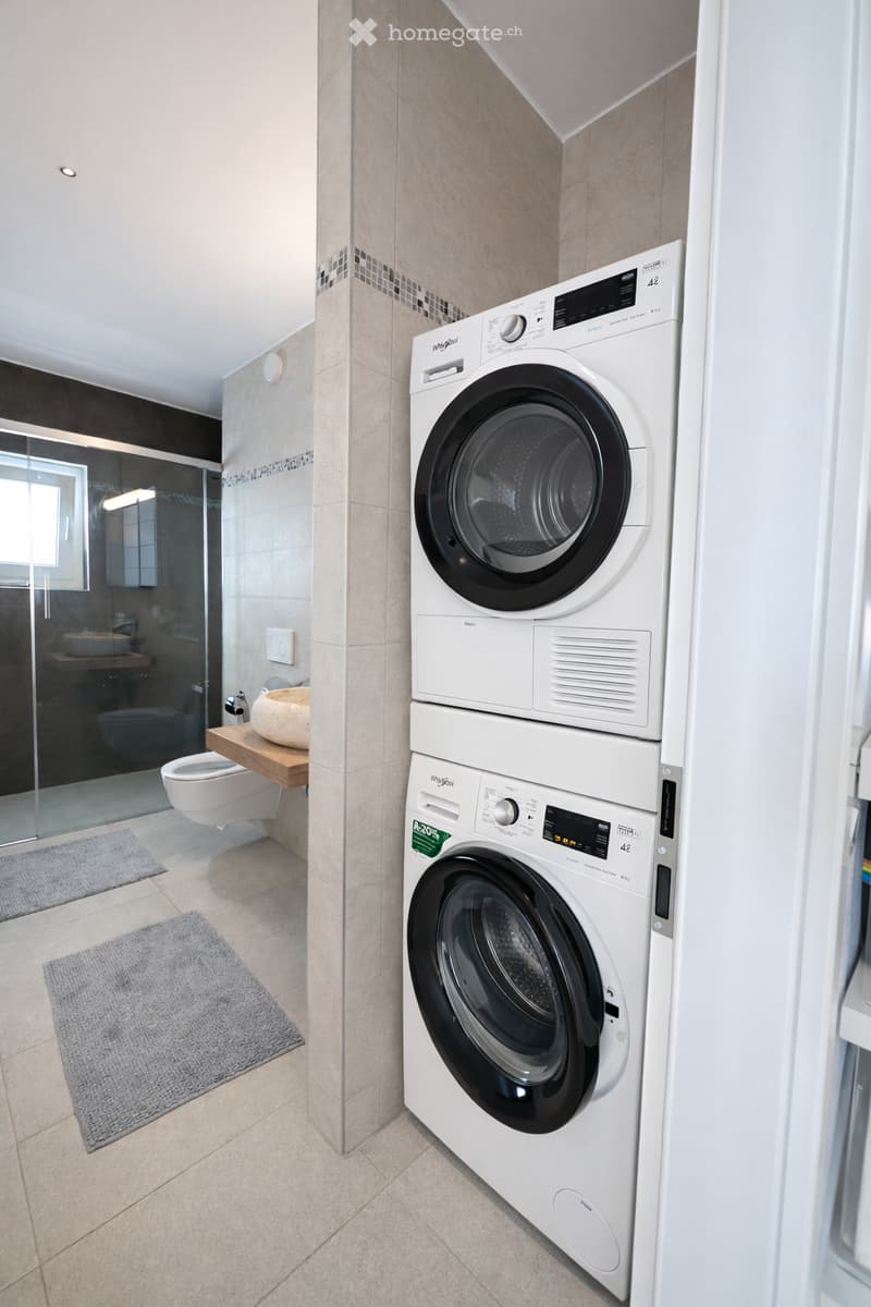 Modern bathroom with a stacked washer and dryer unit, a toilet, a sink, a mirror, and a bathroom rug.