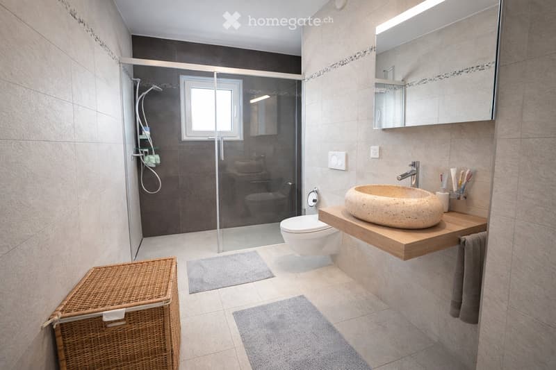 Modern bathroom with a stone sink, toilet, glass-enclosed shower, and a wicker basket on the floor.