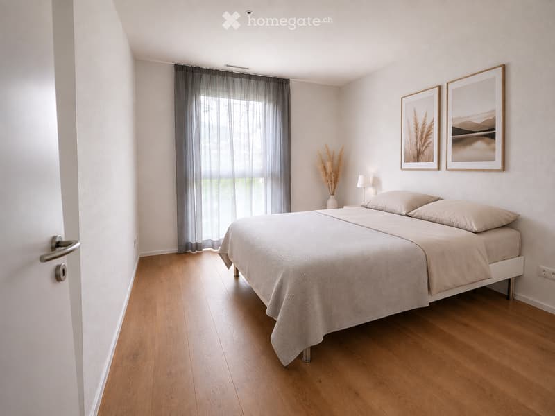 Modern bedroom with a double bed, light-colored bedding, wooden flooring, large window with grey curtains, nightstand with lamp, decorative vase, and two picture frames on the wall.