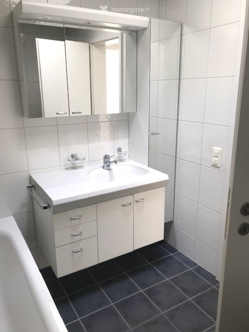 Modern bathroom with white tiles, a white sink, a large mirror, and a cabinet with drawers.