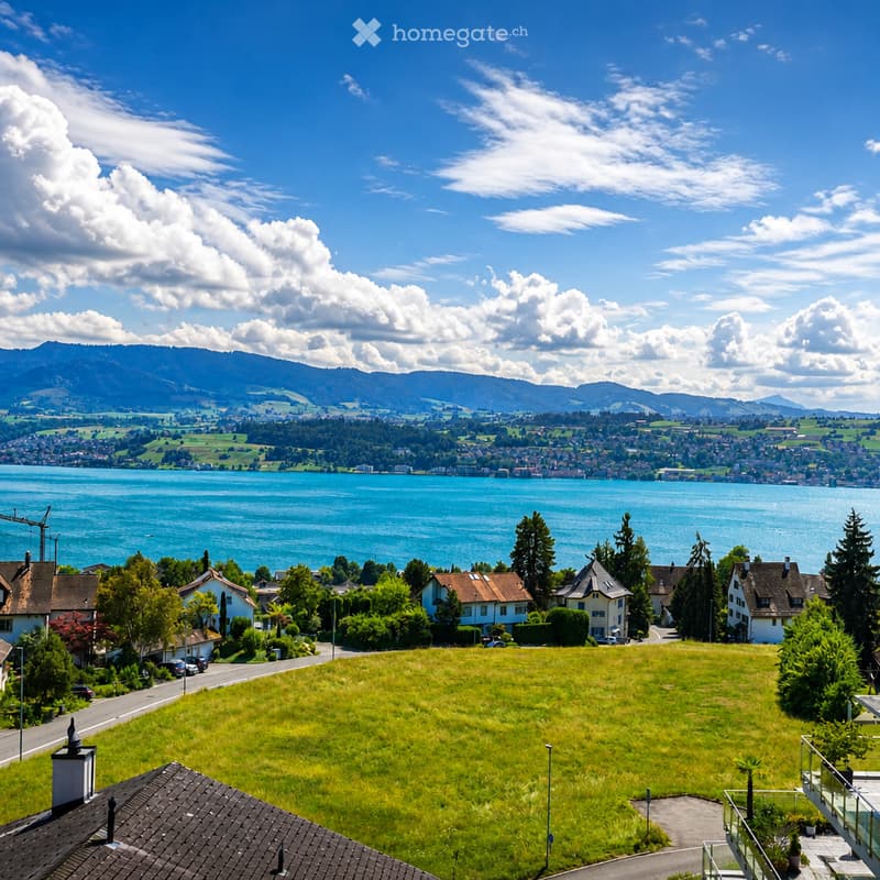 A panoramic view of a town with houses, a lake, and mountains in the background under a clear blue sky.