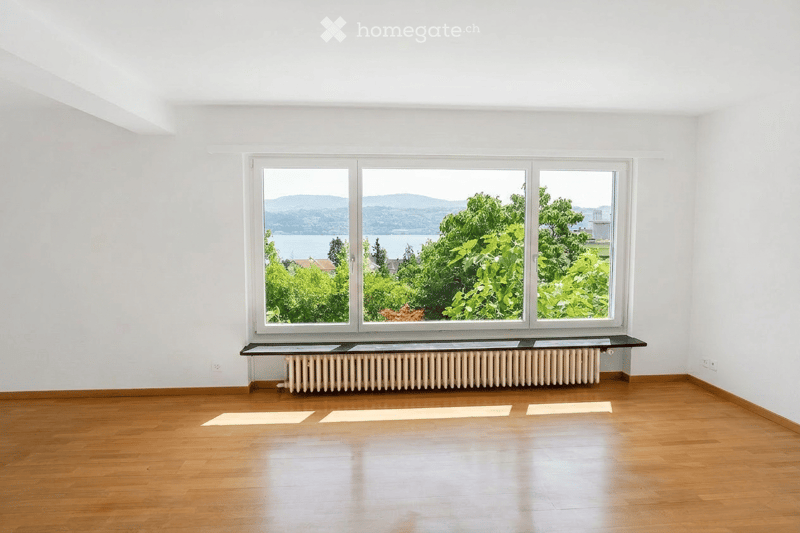 Empty room with wooden flooring, large windows offering a scenic view of a lake and mountains, radiator below the windows, and a small black bench or shelf.