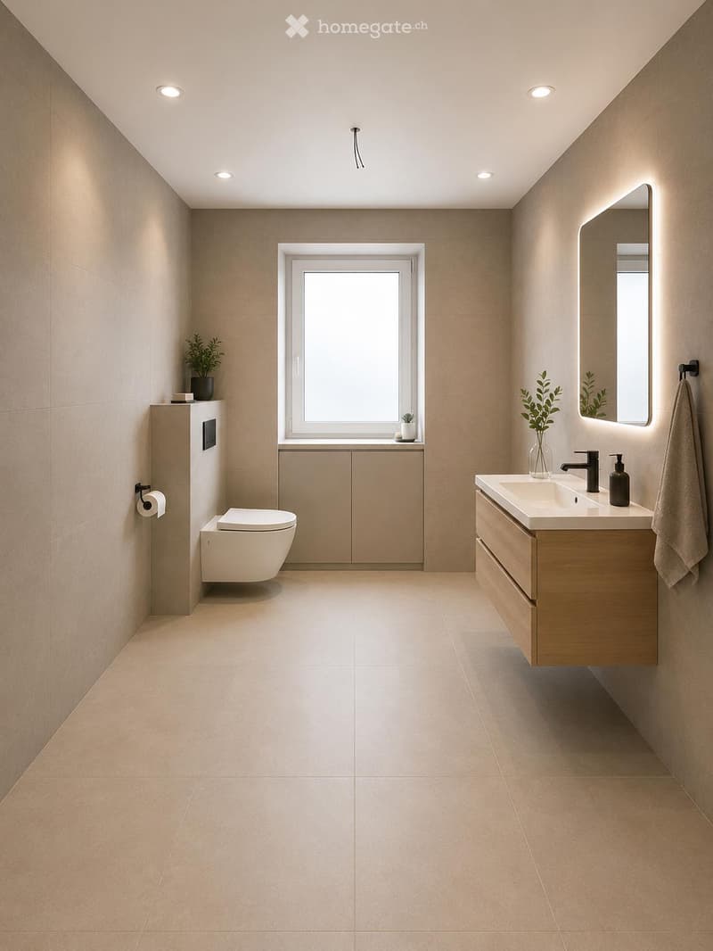 Modern bathroom with beige tiles, a floating sink with a mirror, a toilet, and a small cabinet. Features recessed lighting and a window providing natural light.
