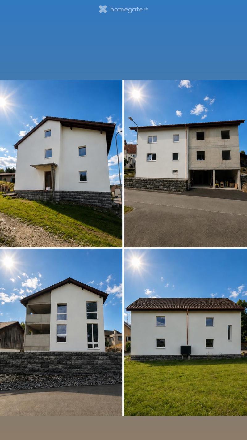Four images of modern houses with white walls, various window configurations, stone bases, and different roof styles under a clear blue sky.